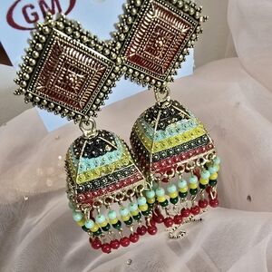 Gold and Red Ornate Square Stud Earrings